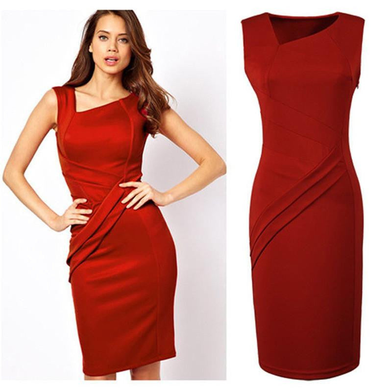Work Dress High Women Summer Dress Ladies Pencil Solid Asymmetrical Neck Sleeveless Office Dress Vestido De Festa