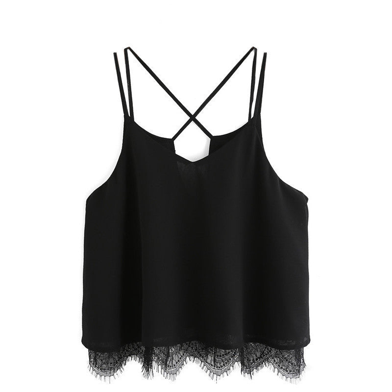 Fashion Cami Top Korean Style Female Arrival Plain Black Spaghetti Strap Lace V Neck Camisole