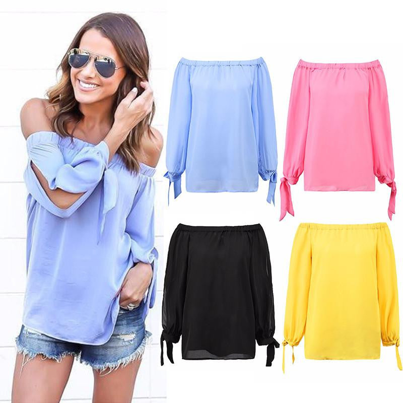 off shoulder chiffon blouse shirt Girls loose blouse Slash Neck Women tops long sleeve hollow