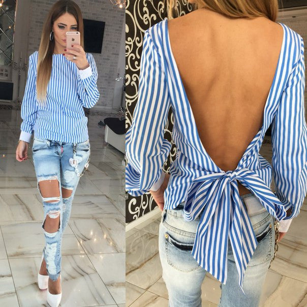 Fashion Tops Long Sleeve tee top Striped Open Back Women Tee shirt Women Clothes Plus size