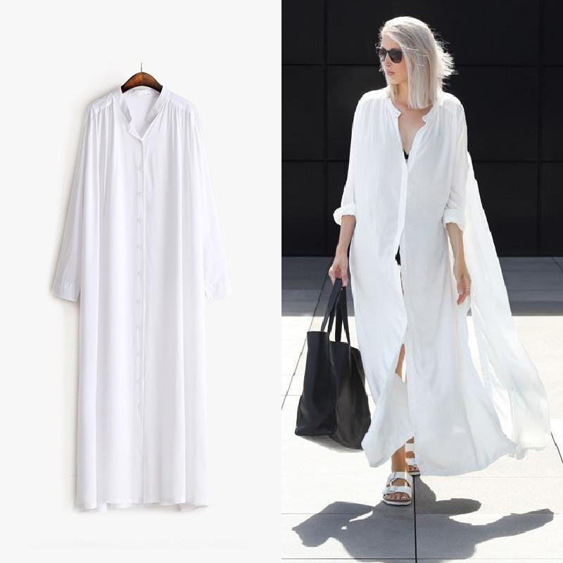Summer Long Sleeves Shirt Dress Women Sides Slit Buttons Multi Way to Wear Clothing Black White Fashion