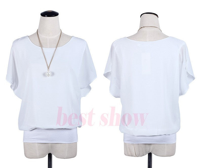 Womens Tops Fashion Women Summer Chiffon Blouse Plus Size Ruffle Batwing Short Sleeve Casual Shirt Black White Red Blue-Dollar Bargains Online Shopping Australia