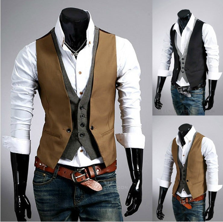 Online discount shop Australia - False Two Pieces Waistcoat Inside Gird Pattern V-Neck Style Design Vest Slim Fit for Men Boys HB88