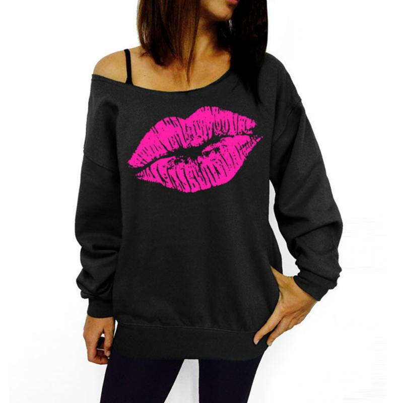 Spring Autumn Women Shirt Red Lip Pattern Oblique Shoulder Unique Long Sleeve Polo Shirts S M L XL-Dollar Bargains Online Shopping Australia