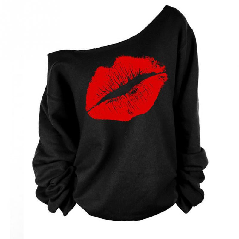 Spring Autumn Women Shirt Red Lip Pattern Oblique Shoulder Unique Long Sleeve Polo Shirts S M L XL-Dollar Bargains Online Shopping Australia