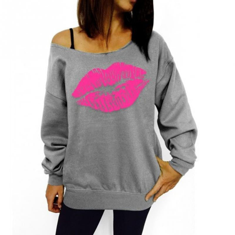 Spring Autumn Women Shirt Red Lip Pattern Oblique Shoulder Unique Long Sleeve Polo Shirts S M L XL-Dollar Bargains Online Shopping Australia