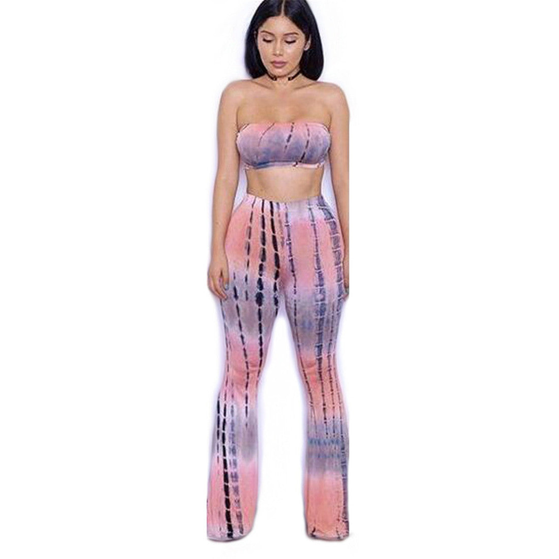 Tie Dye 2 Piece Set Women Jumpsuit Long Romper Strapless Crop Top And Flare Pants Casual Bodysuit Fashion Playsuit Overalls-Dollar Bargains Online Shopping Australia