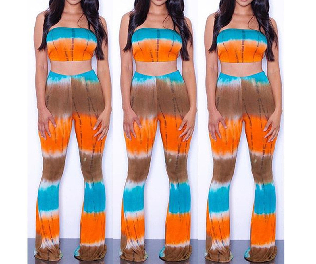 Tie Dye 2 Piece Set Women Jumpsuit Long Romper Strapless Crop Top And Flare Pants Casual Bodysuit Fashion Playsuit Overalls-Dollar Bargains Online Shopping Australia