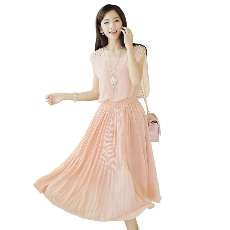 solid chiffon sleeveless women dress ankle-length beading dress elegant princess dress pleated lady dress