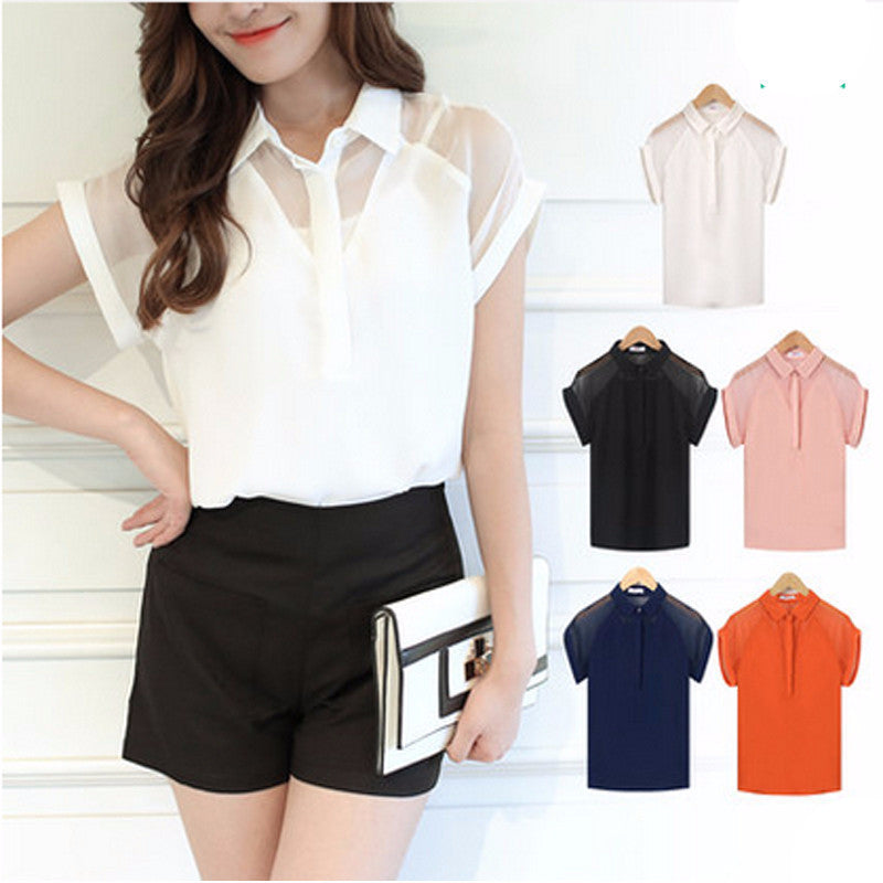 Woman Blouses Chiffon Lace Short Sleeve Ladies Fashion Tops Office Clothing Female Shirts