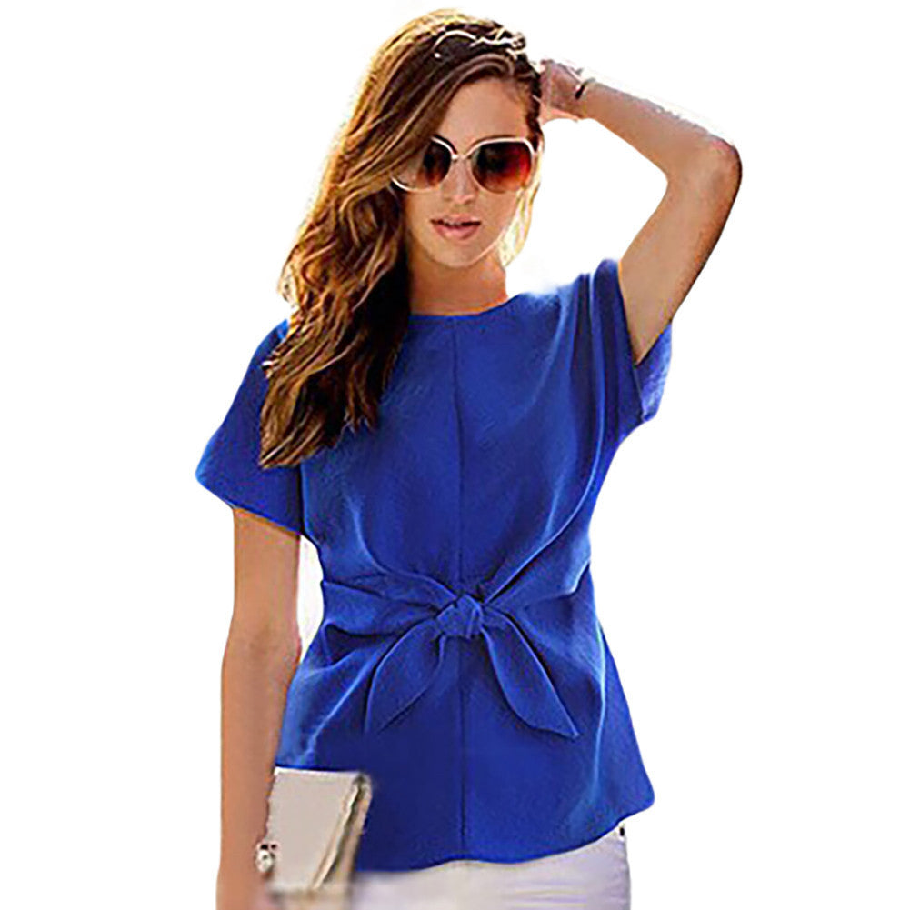 Women Blue Chiffon Shirt Short Sleeves Shirt Girls O-neck Blouses Tops