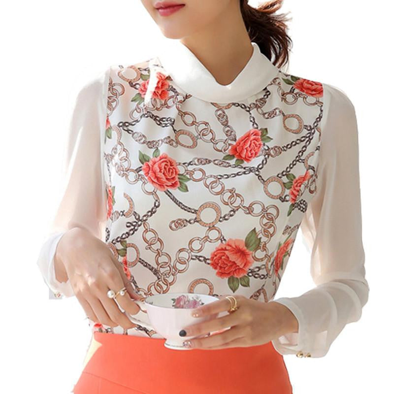 Women blouses plus size turn-down collar print white chiffon blouse long sleeve shirts for women