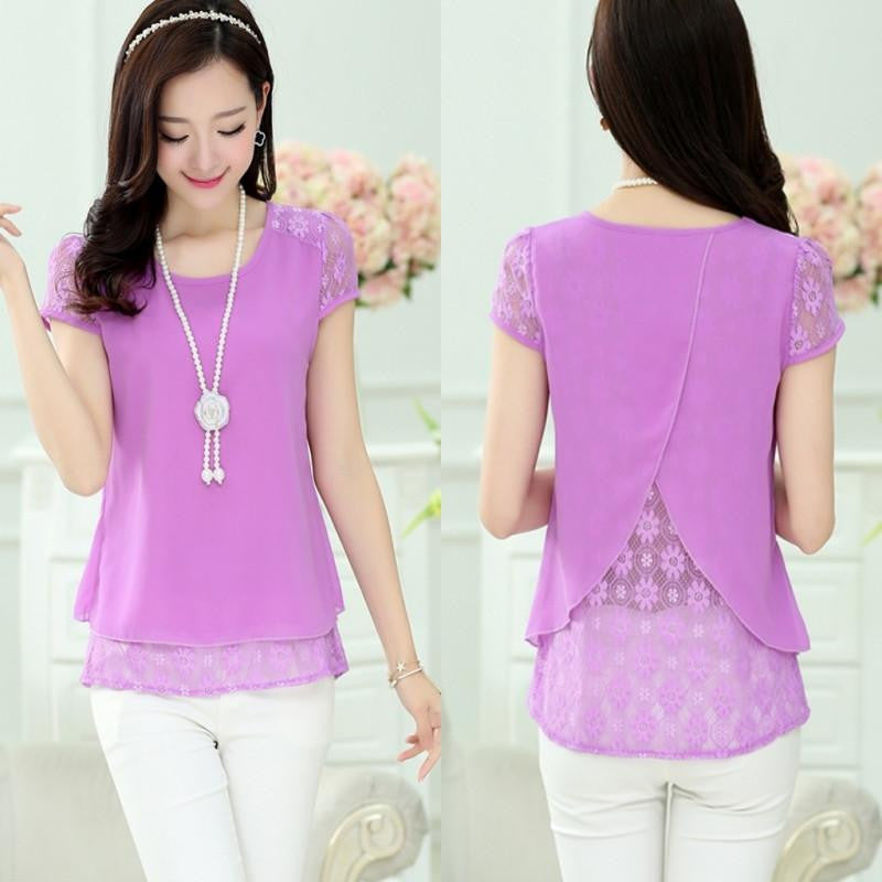 Women's Tops White Tees Crochet Lace Floral Shoulder Short Sleeve Loose Chiffon Blouses Female Shirts