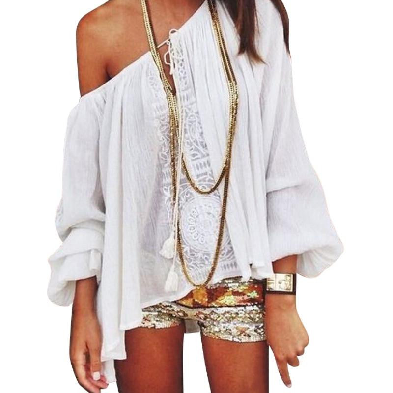 Women Boho Loose Tops Off Shoulder Long Sleeve White Shirt Lace Blouse