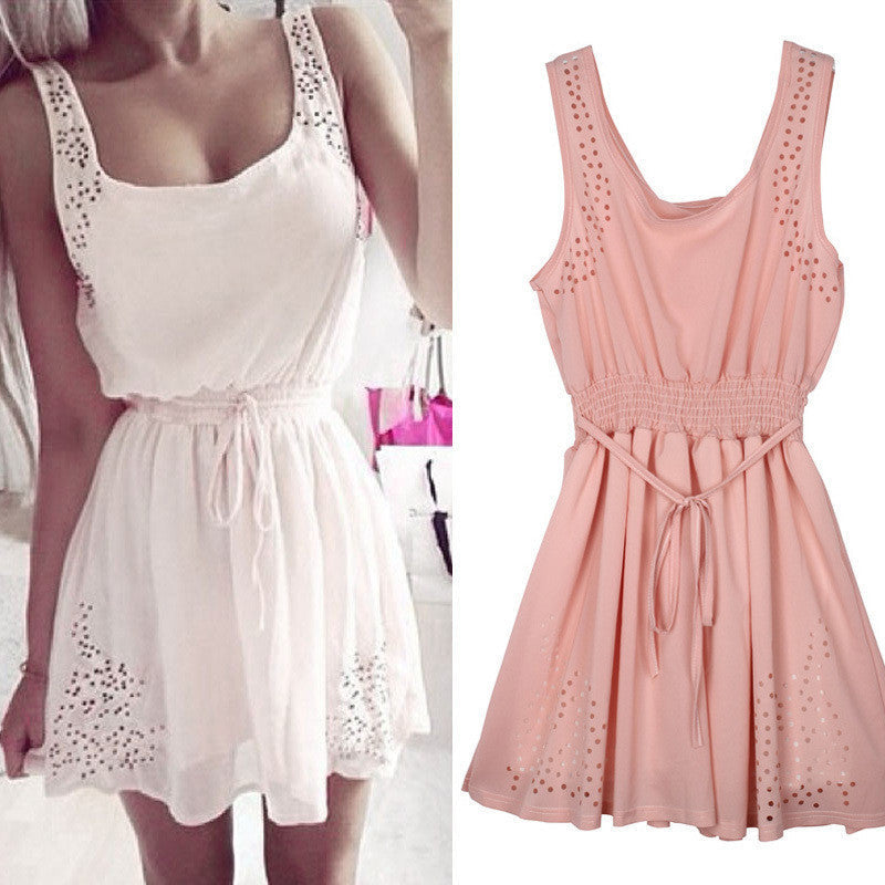 Womens Dresses Slim Sleeveless Hollow White Women Summer Dress Lady 2 Color Chiffon Mini Dresses Vestidos casual