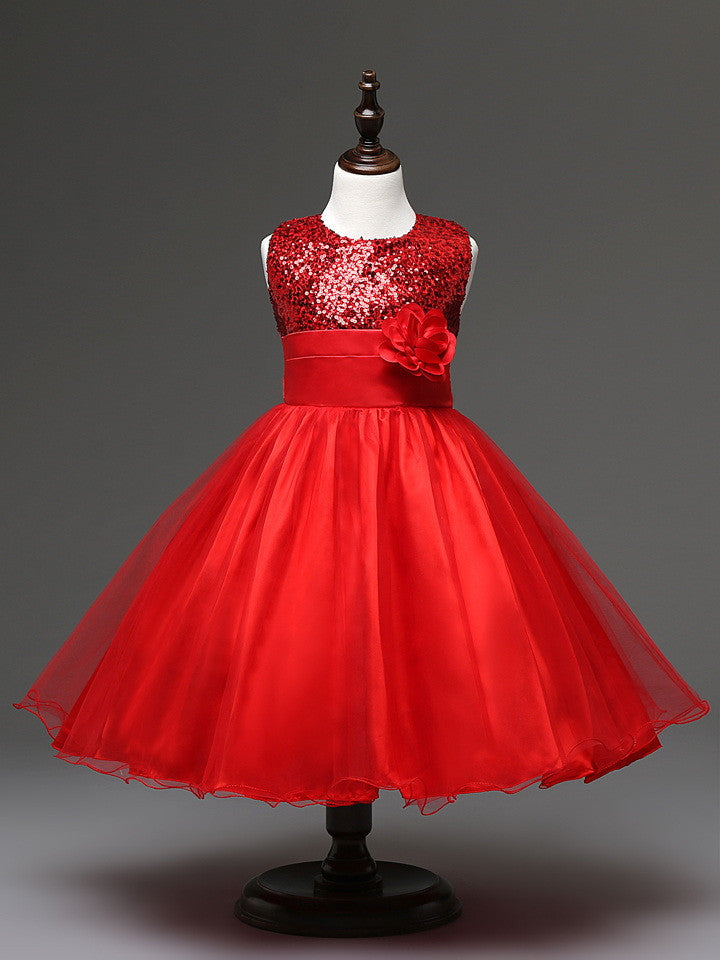 Online discount shop Australia - 3-12yrs Christmas cute flower Girls Dress sequined mesh Girl Clothing Sleeveless Princess Dresses Girl Costume Kids girls