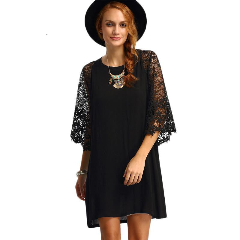 SheIn Womens Summer Shift Dresses Ladies Black Hollow Out Crochet Three Quarter Length Sleeve Round Neck Casual Tunic Dress
