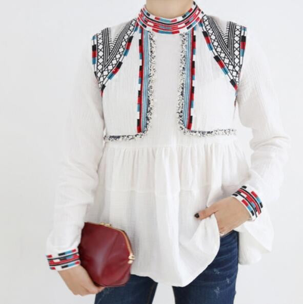 Online discount shop Australia - Mori Girls Ethnic Women Embroidery Shirt long Sleeve Stand Collar Slim Blouse tops D877