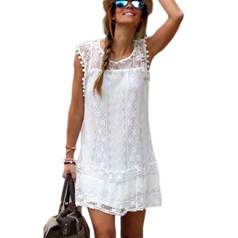 Summer Dress Women Casual Sleeveless Mini Dress Tassel Solid White Black Lace Dress Beach Plus Size Solid Vestidos