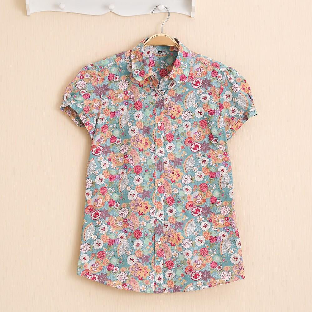 Short Sleeve Shirts Women Blouses Floral Print Cotton Tops Ladies Short Plus Size Women Clothes Fashion Shirt