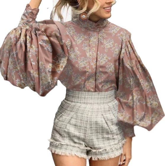 Women Big Lantern Sleeve Blouse Elegant Party Shirts Stand Collar Casual Solid Retro Top Tunic Blusas