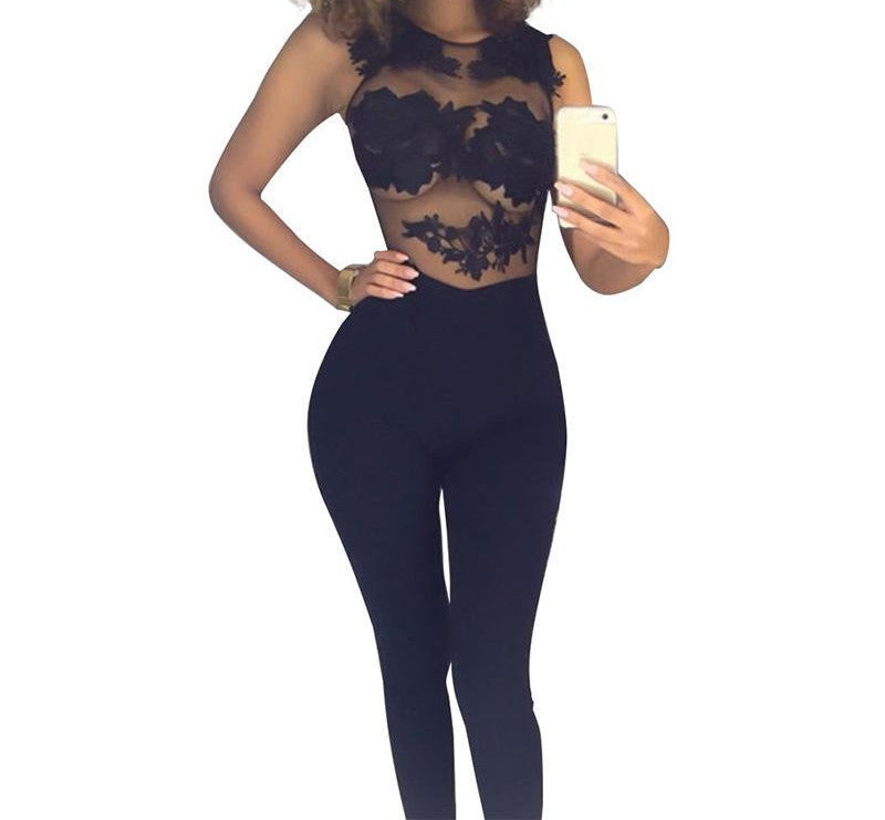 Glamaker Summer floral sheer lace sexy jumpsuit women Elegant zipper fitness jumpsuit romper party long pants overalls - CelebritystyleFashion.com.au online clothing shop australia