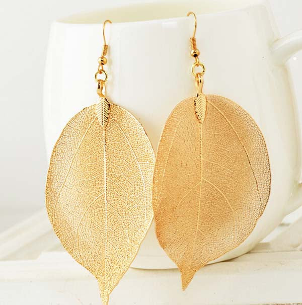 Fashion 18K Gold And Silver Plated Big Statement Long Drop Earrings Dipping Natural Real Leaf Earrings For Women - CelebritystyleFashion.com.au online clothing shop australia