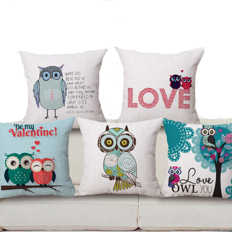 Square 18" Owl Linen Pillow Covers Pattern Decorative Love Pillow Covers Home Pillow Dec oration Colored Pillow Cases