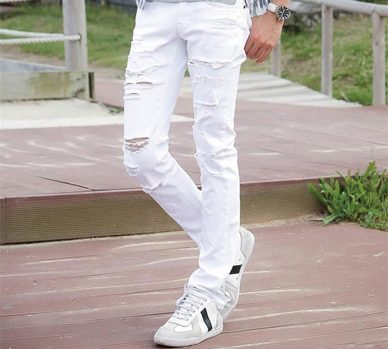 Sell White Ripped Jeans Men With Holes Super Skinny Famous Designer Brand Slim Fit Destroyed Torn Jean Pants For Male AY991 - CelebritystyleFashion.com.au online clothing shop australia