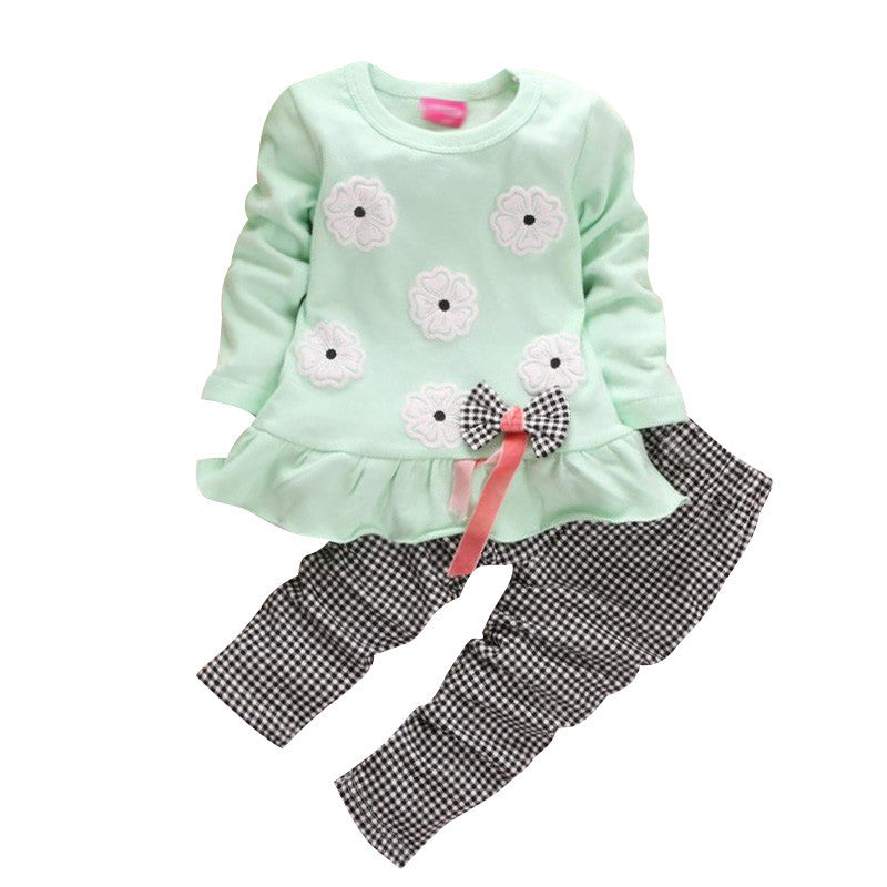 Flowers Print Bow Cute 2Pcs Cloth Set Children Cloth Suit Baby Girl Clothing Set Top T shirt + Pants High Quality YY0366 - CelebritystyleFashion.com.au online clothing shop australia