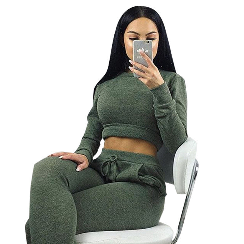 Women Two Piece Outfits Pants Set Rompers Jumpsuit Long Pants 2 Piece Set army green o neck Crop Tops Bodycon Palysuit gray - CelebritystyleFashion.com.au online clothing shop australia