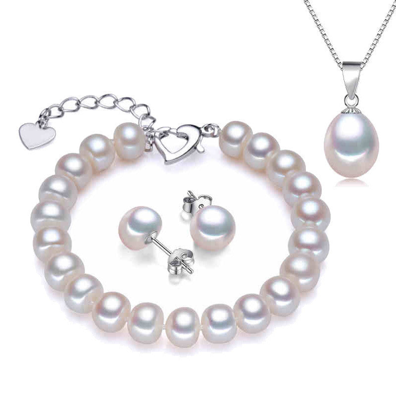 Real Natural Pearl Bracelet Pendant Earrings Three Jewelry Sets for Women Pearl Necklace/Earring/Bracelet Wedding Jewelry Set - CelebritystyleFashion.com.au online clothing shop australia