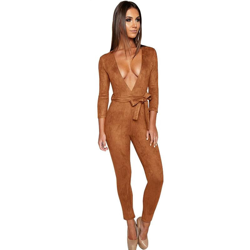 Glamaker Deep v neck suede belt bodycon jumpsuit romper Autumn fitness brown party women jumpsuit Casual fashion overalls - CelebritystyleFashion.com.au online clothing shop australia