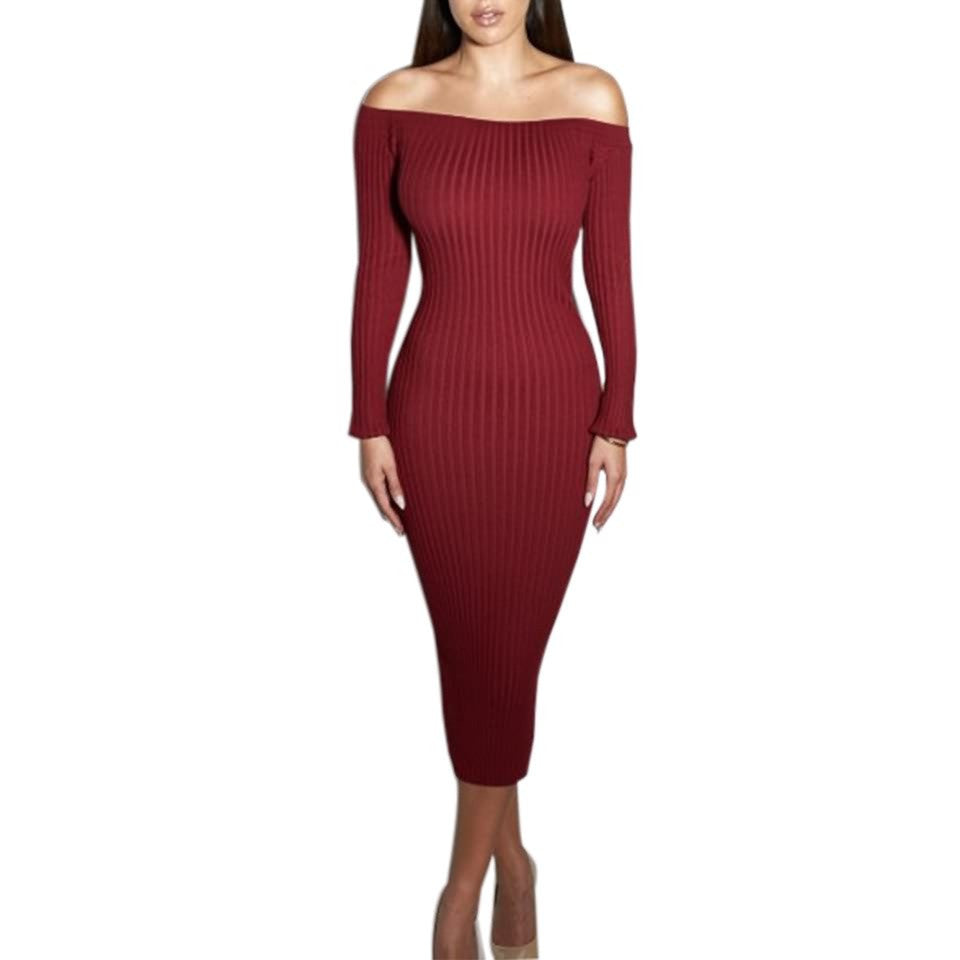 Fashion Long Sleeve Off Shoulder Slash Neck Sexy Club Women Dress Slim Bodycon Knitted Sweater Knee-Length Party Night Dresses - CelebritystyleFashion.com.au online clothing shop australia