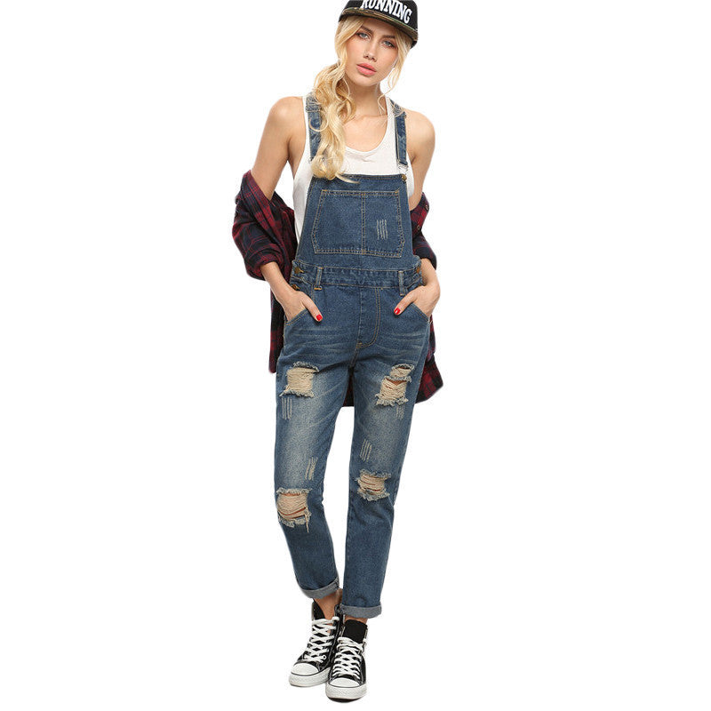 Women Rompers and Jumpsuits for Summer New Casual Sleeveless Straps Ripped Blue Denim Pockets Overall Jumpsuit - CelebritystyleFashion.com.au online clothing shop australia