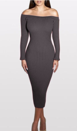 Fashion Long Sleeve Off Shoulder Slash Neck Sexy Club Women Dress Slim Bodycon Knitted Sweater Knee-Length Party Night Dresses - CelebritystyleFashion.com.au online clothing shop australia