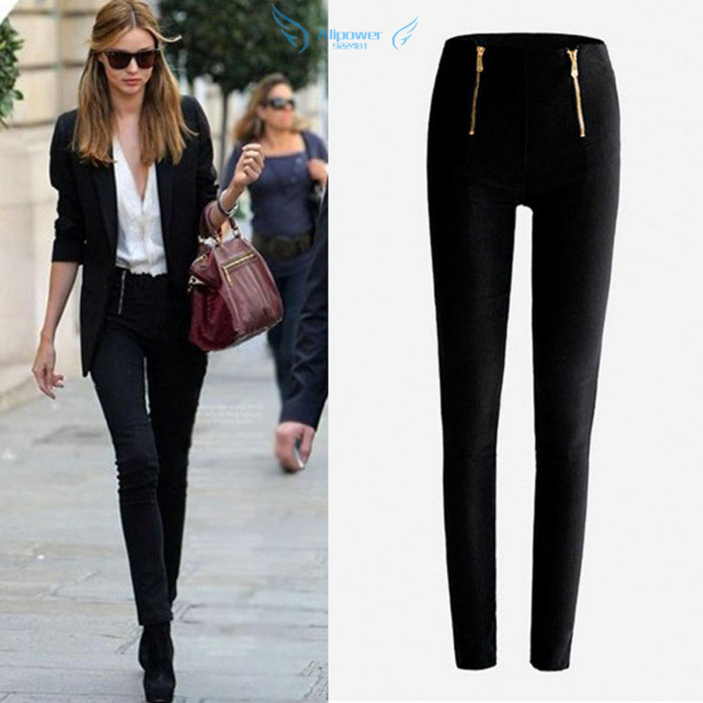 Women Lady Black\White Color Zip Pencil Pants High Waisted Slim Stretch Leggings Trousers Pants Plue size S-XL - CelebritystyleFashion.com.au online clothing shop australia