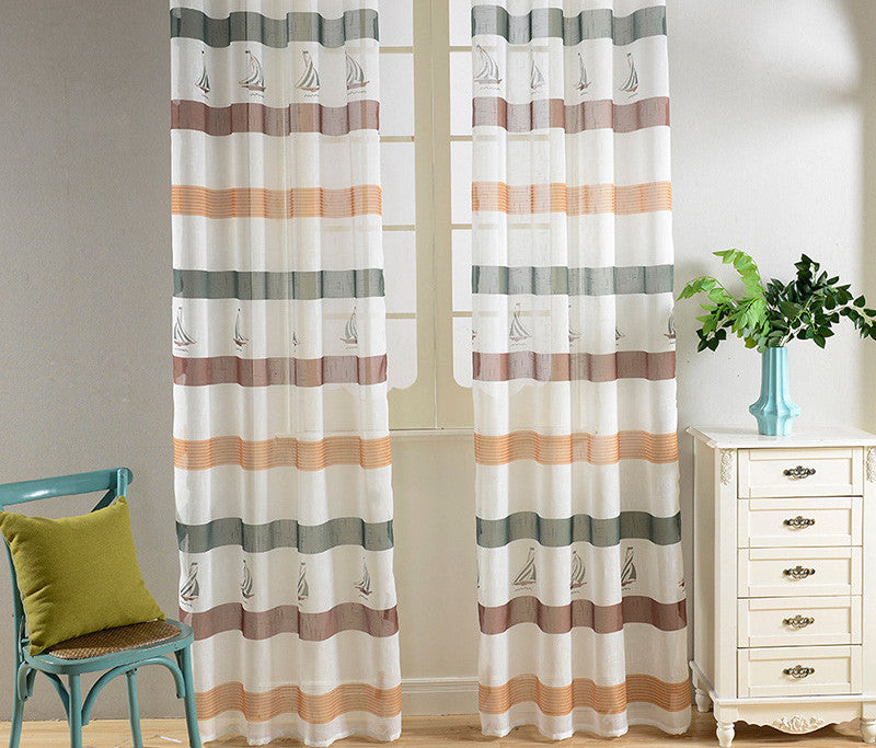 Modern Striped Faux Linen Tulle Curtains for Living Room Bedroom Print Sheer Voile Curtain Panels Kids Boy
