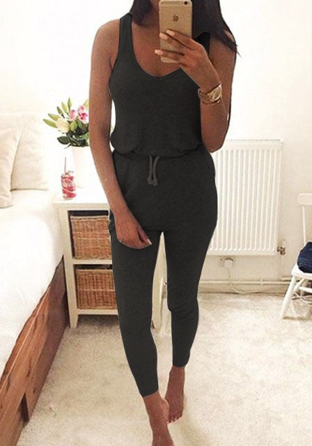 Summer Low Cut Rompers Womens Jumpsuit Black Elastic Waist Sleeveless Long Pants Playsuit Strap Pocket Overalls - CelebritystyleFashion.com.au online clothing shop australia