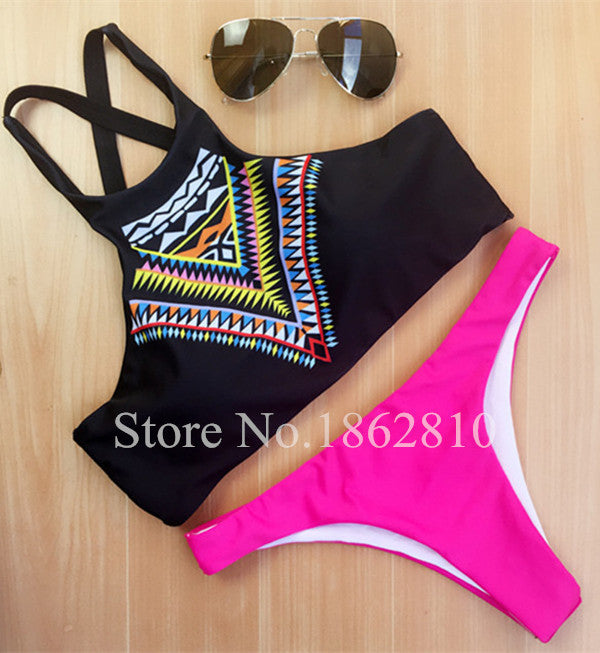 Women Bikinis High Neck Push up Bikini Set Geometry Black Swimwear Slim Print Swimsuit Biquini Brazil Beach - CelebritystyleFashion.com.au online clothing shop australia