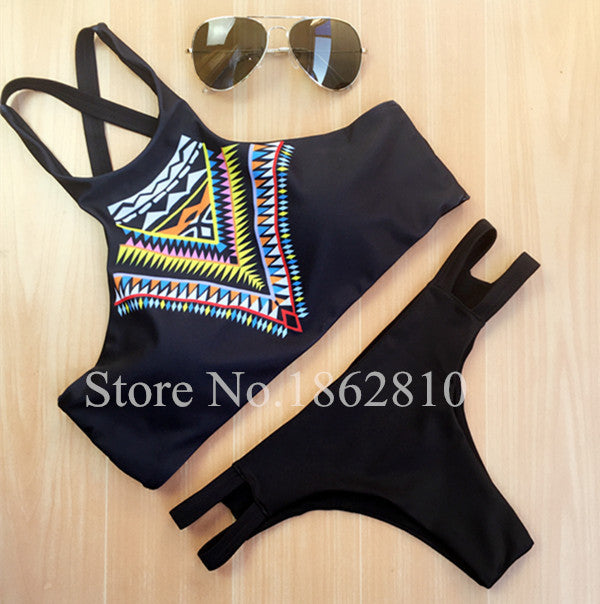 Women Bikinis High Neck Push up Bikini Set Geometry Black Swimwear Slim Print Swimsuit Biquini Brazil Beach - CelebritystyleFashion.com.au online clothing shop australia