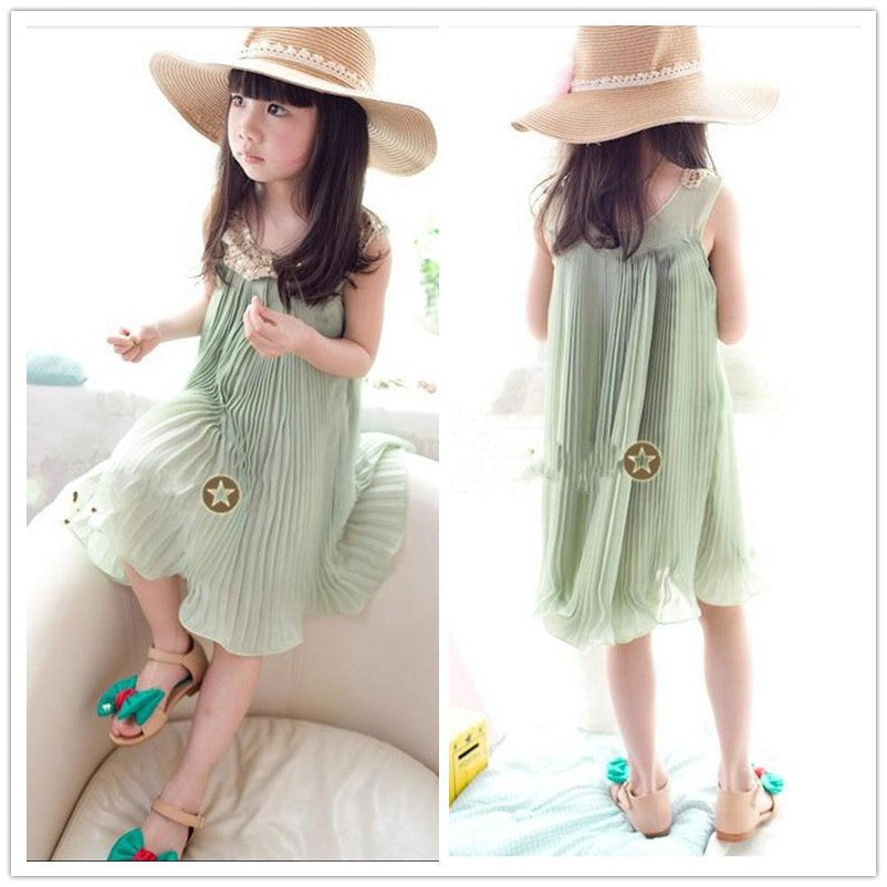 Summer Girls Pleated Chiffon One-Piece Dress With Paillette Collar Children Colthes For Kids Baby, Pink/Green Free Shipping - CelebritystyleFashion.com.au online clothing shop australia