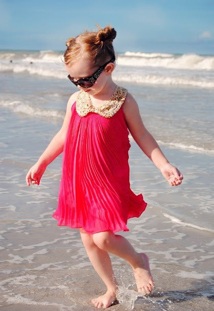 Summer Girls Pleated Chiffon One-Piece Dress With Paillette Collar Children Colthes For Kids Baby, Pink/Green Free Shipping - CelebritystyleFashion.com.au online clothing shop australia