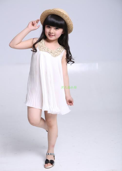 Summer Girls Pleated Chiffon One-Piece Dress With Paillette Collar Children Colthes For Kids Baby, Pink/Green Free Shipping - CelebritystyleFashion.com.au online clothing shop australia