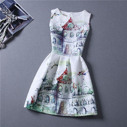 Cartoon Castle Summer Sleeveless Girls Print Dress Knee Length Princess A-Line Dress Clothes For Kids 6 to 12 years Old Kids - CelebritystyleFashion.com.au online clothing shop australia