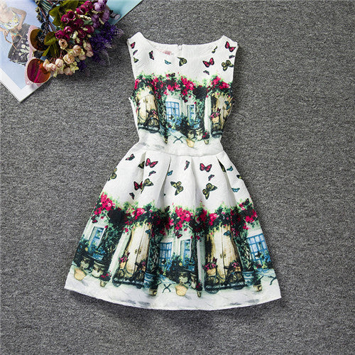 Cartoon Castle Summer Sleeveless Girls Print Dress Knee Length Princess A-Line Dress Clothes For Kids 6 to 12 years Old Kids - CelebritystyleFashion.com.au online clothing shop australia