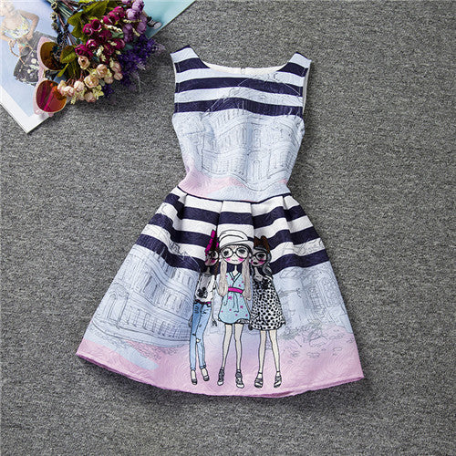 Cartoon Castle Summer Sleeveless Girls Print Dress Knee Length Princess A-Line Dress Clothes For Kids 6 to 12 years Old Kids - CelebritystyleFashion.com.au online clothing shop australia