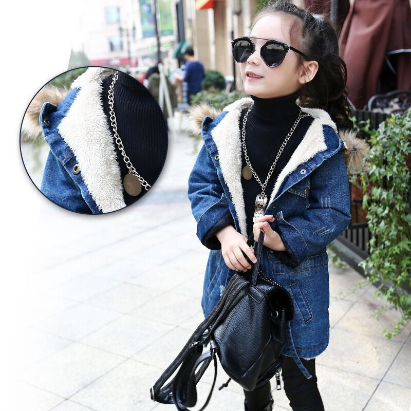 Kids girls denim jacket children plus thick velvet jacket big virgin long warm coat for cold winter - CelebritystyleFashion.com.au online clothing shop australia