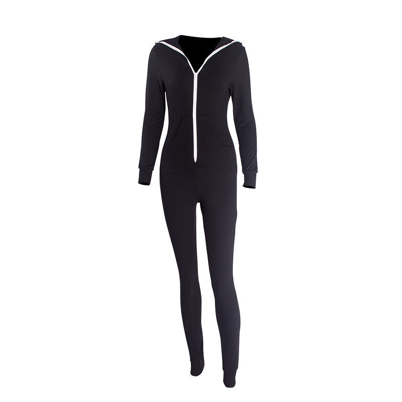 Casual Women One Piece Outfits Jumpsuits Long Sleeve Bodycon Front Zipper Hooded Long Pants Sexy Black/Red Rompers Playsuit - CelebritystyleFashion.com.au online clothing shop australia