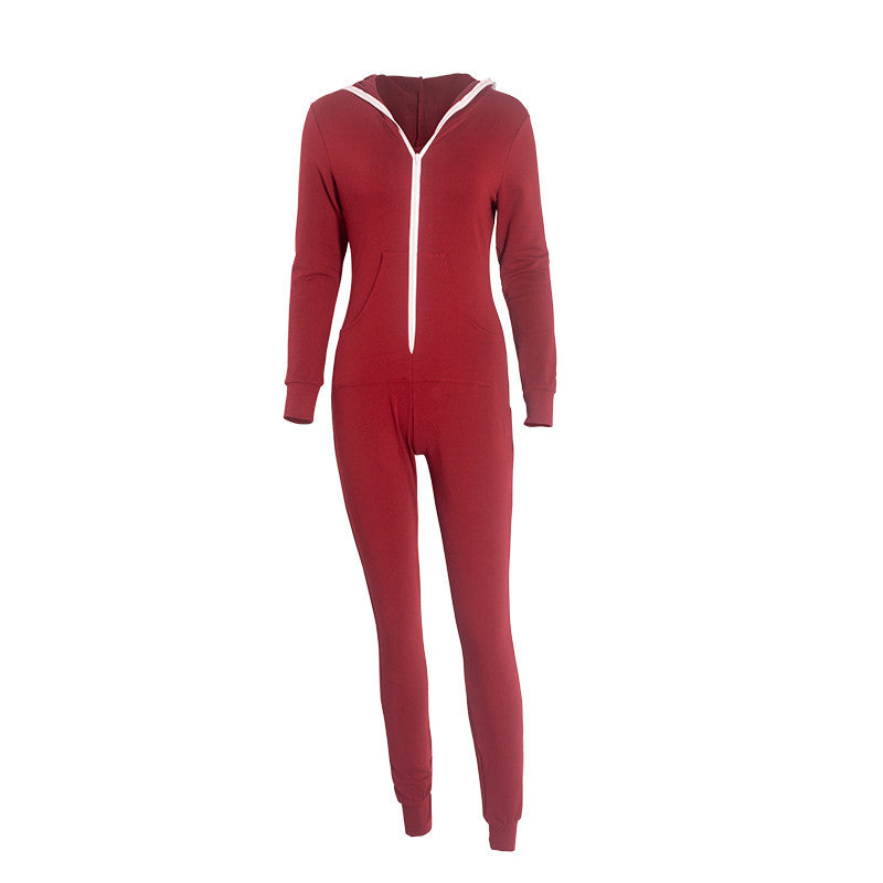 Casual Women One Piece Outfits Jumpsuits Long Sleeve Bodycon Front Zipper Hooded Long Pants Sexy Black/Red Rompers Playsuit - CelebritystyleFashion.com.au online clothing shop australia